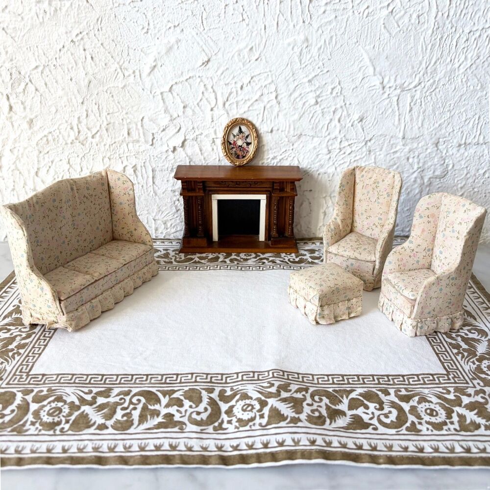 Town Square Miniatures Dollhouse Living Room Set Sofa 2 Chairs Ottoman Fireplace